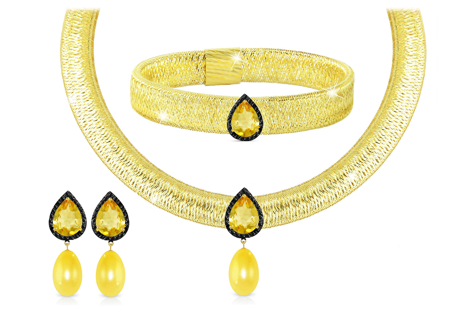 Vera Perla 18K Gold 0.48ct Black Diamonds, Citrine and 13mm Golden Pearl Jewelry Set - 3 pcs.